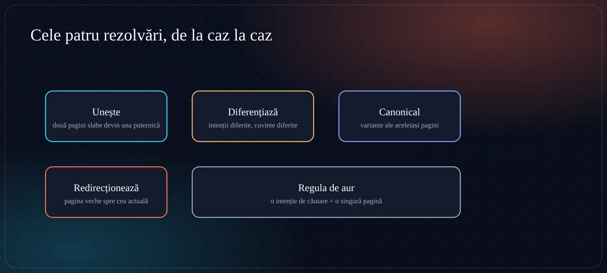 Rezolvările canibalizării Cele patru rezolvări ale canibalizării de cuvinte cheie: unire, diferențiere, canonical, redirecționare