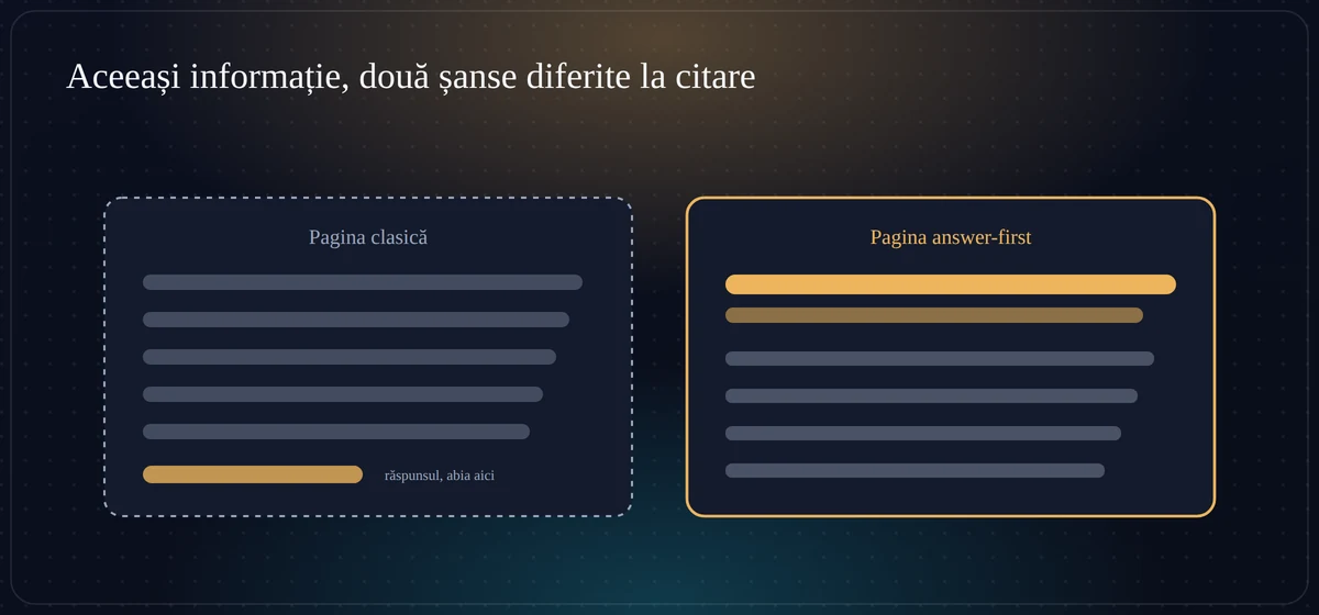 Pagina answer-first vs pagina clasică Comparație: pagina clasică ascunde răspunsul la final, pagina answer-first răspunde din primele fraze