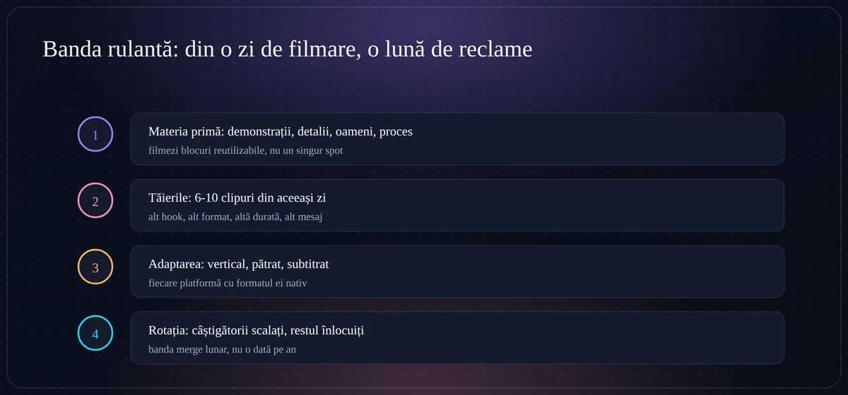 Banda rulantă de conținut video pentru reclame: materie primă, tăieri multiple, adaptare per platformă, rotație lunară