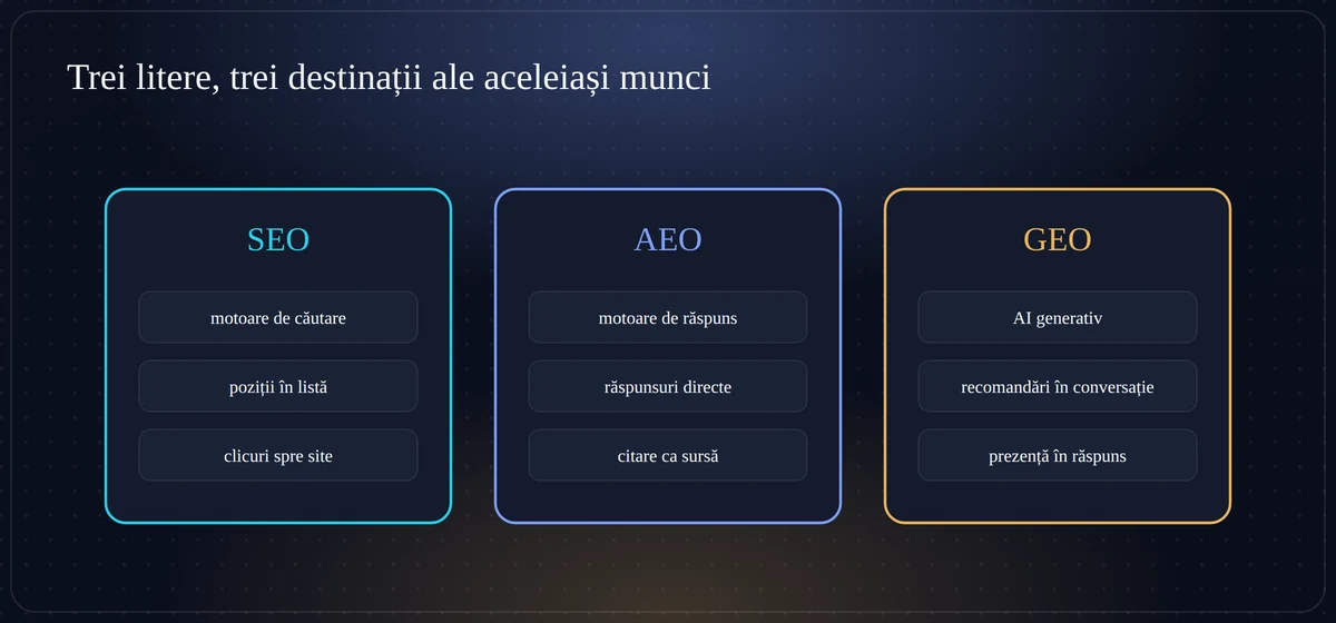 SEO vs AEO vs GEO Diferențele dintre SEO, AEO și GEO: motoare de căutare vs motoare de răspuns vs AI generativ