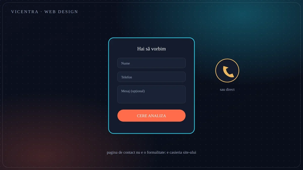 Pagină de contact optimizată: formular scurt cu trei câmpuri, buton clar și opțiune de apel direct