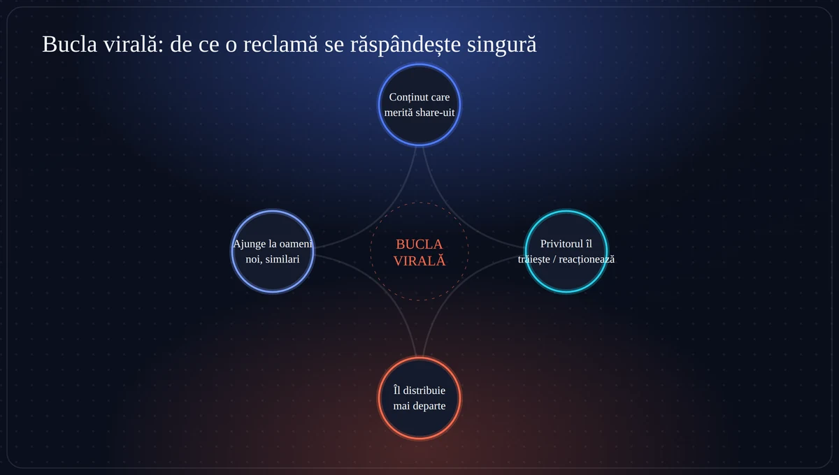 Diagramă cu bucla virală în patru etape: conținut, reacție, distribuire, public nou