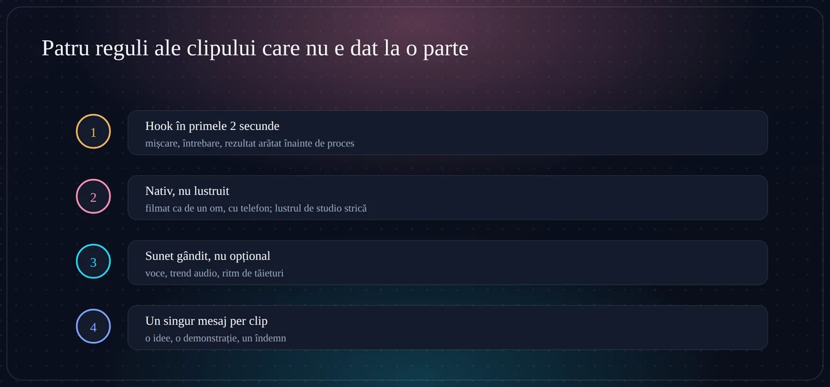 Regulile clipului care nu e sărit Cele patru reguli ale reclamei TikTok care funcționează: hook rapid, estetică nativă, sunet gândit, un mesaj per clip