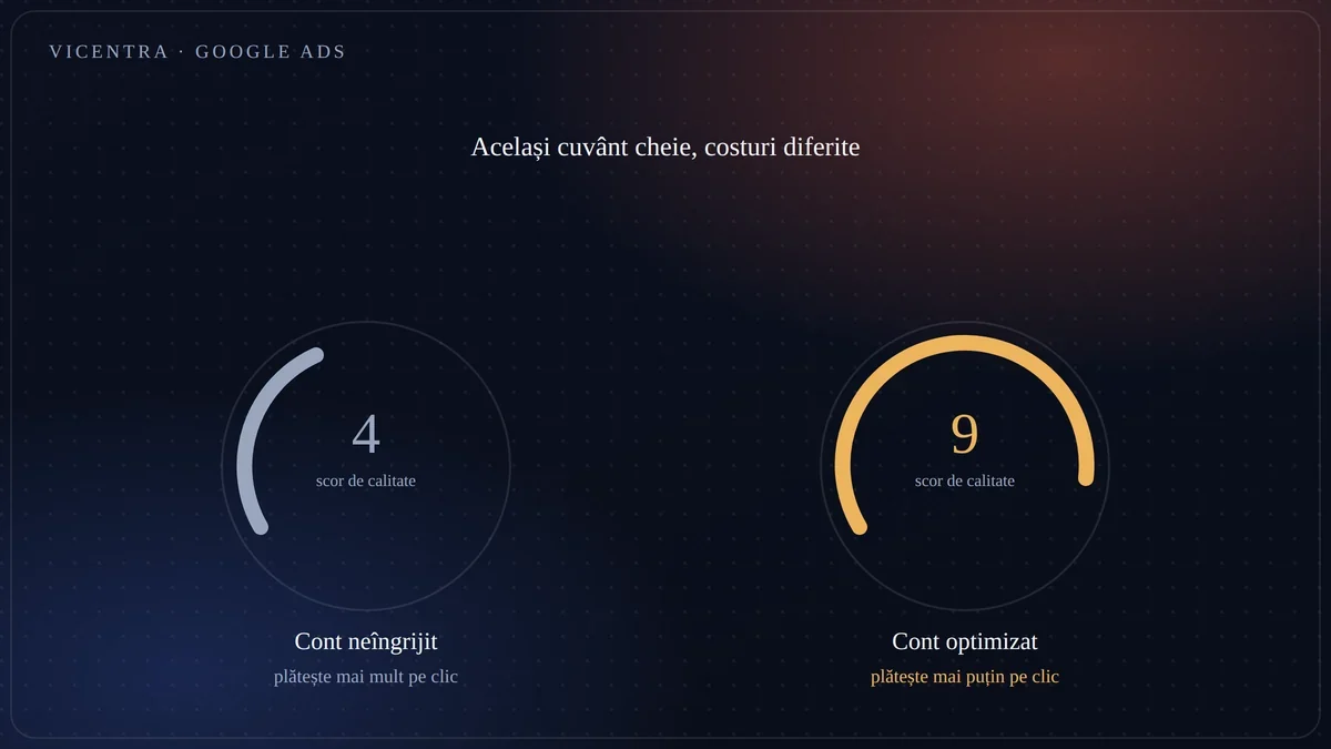 Scorul de calitate Două conturi Google Ads cu același cuvânt cheie: scor de calitate 4 plătește mai mult pe clic decât scor 9