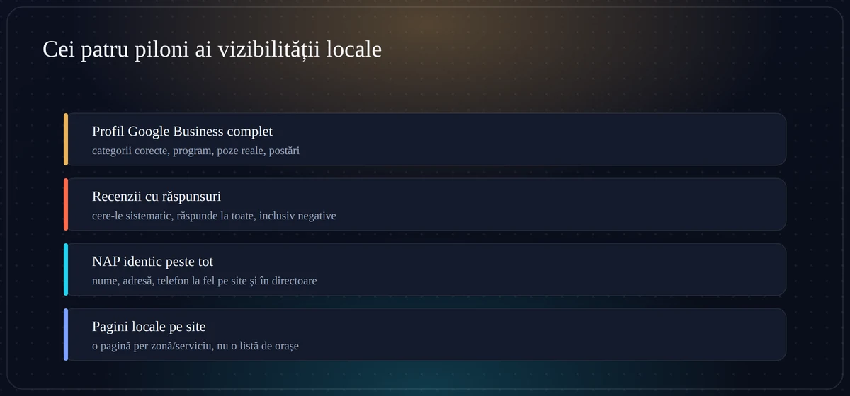 Cei patru piloni ai SEO local: profil Google Business complet, recenzii cu răspunsuri, NAP identic, pagini locale