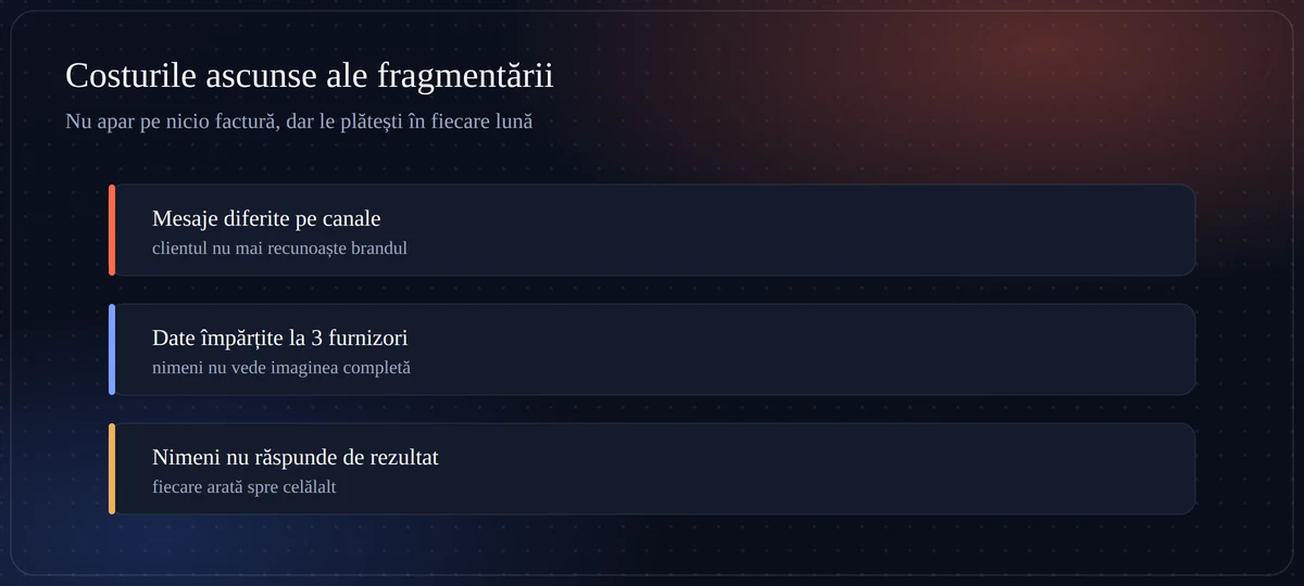 Costurile ascunse ale fragmentării Cele trei costuri ascunse ale fragmentării în marketing: mesaje diferite, date împărțite, lipsa responsabilității