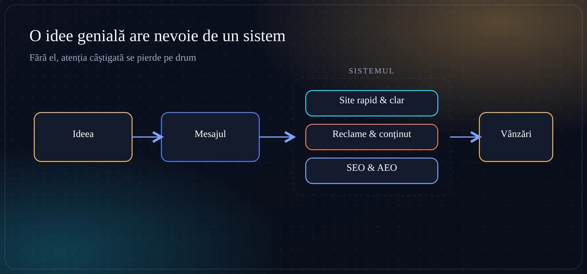 Diagramă: o idee de marketing trece prin mesaj și prin sistemul de site, reclame și SEO până la vânzări