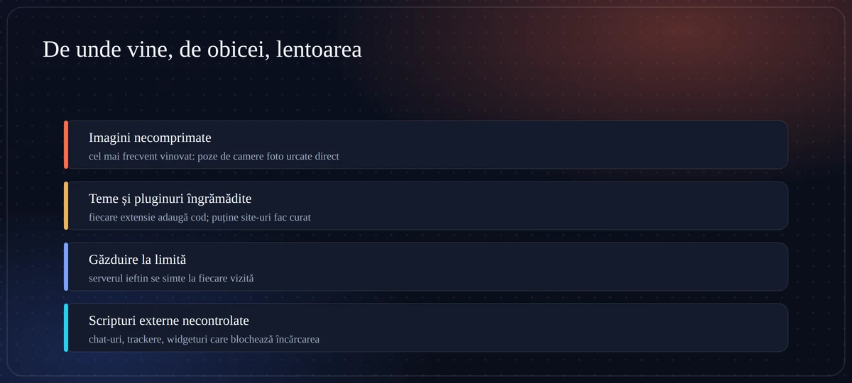 Cele patru cauze frecvente ale unui site lent: imagini necomprimate, pluginuri în exces, găzduire slabă, scripturi externe