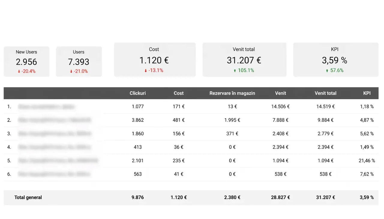Captură raport e-commerce mobilă: 31.207 EUR venit total la 1.120 EUR cost
